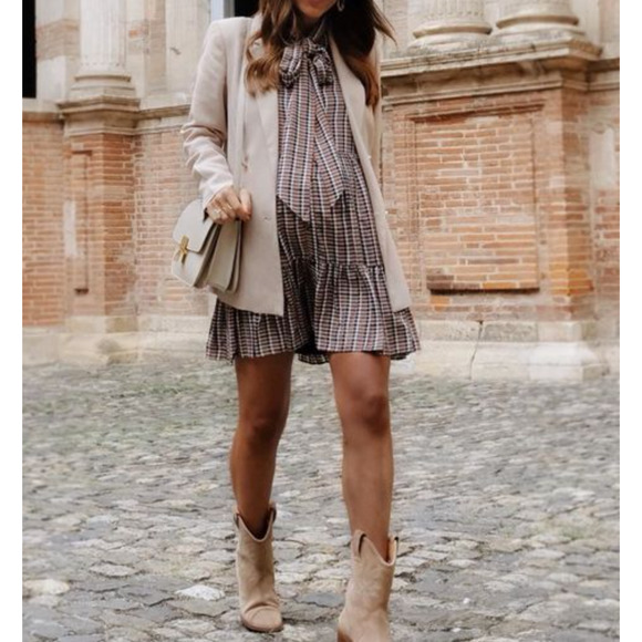 Sezane Selena Dress Lurex Tiles Print Check Tiered Mini Tie Neck Long Sleeve 42 - Picture 12 of 13